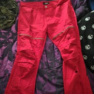 Distressed Red Zippered Pants